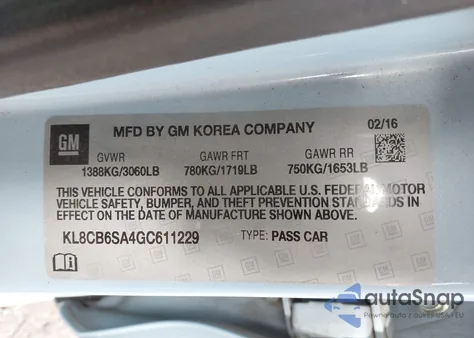 2016 Chevrolet Spark Ls Cvt z USA, uszkodzony, nr VIN 0KL8CB6SA4GC61129